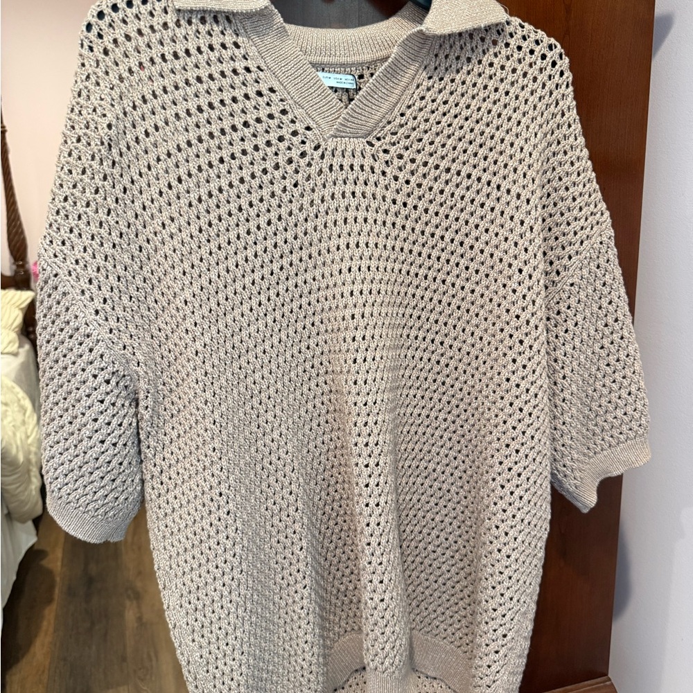 Zara Beige Knit Short-Sleeve Polo Sweater